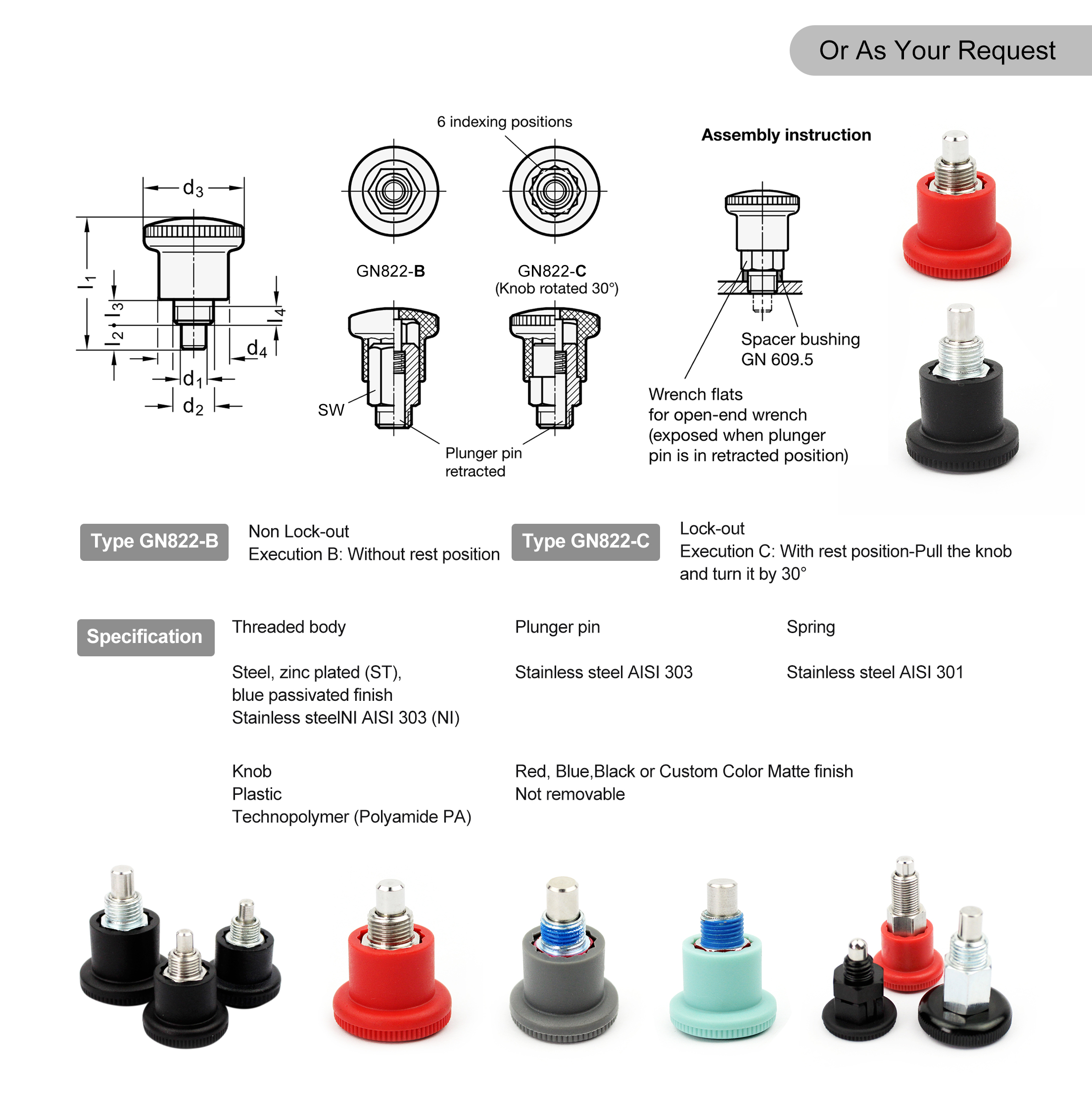 GN822 Mini Indexing Plunger stainless steel threaded body with black polyamide knob