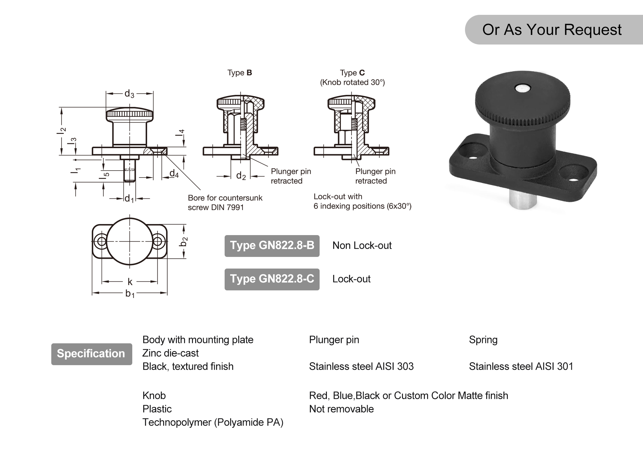 GN822.8 stainless steel mini indexing plunger with polyamide knob